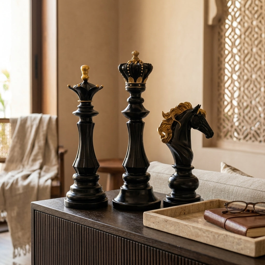 Luxury chess pieces decor set for home India – Premium King, Queen & Knight Figurine Décor for Home & Office