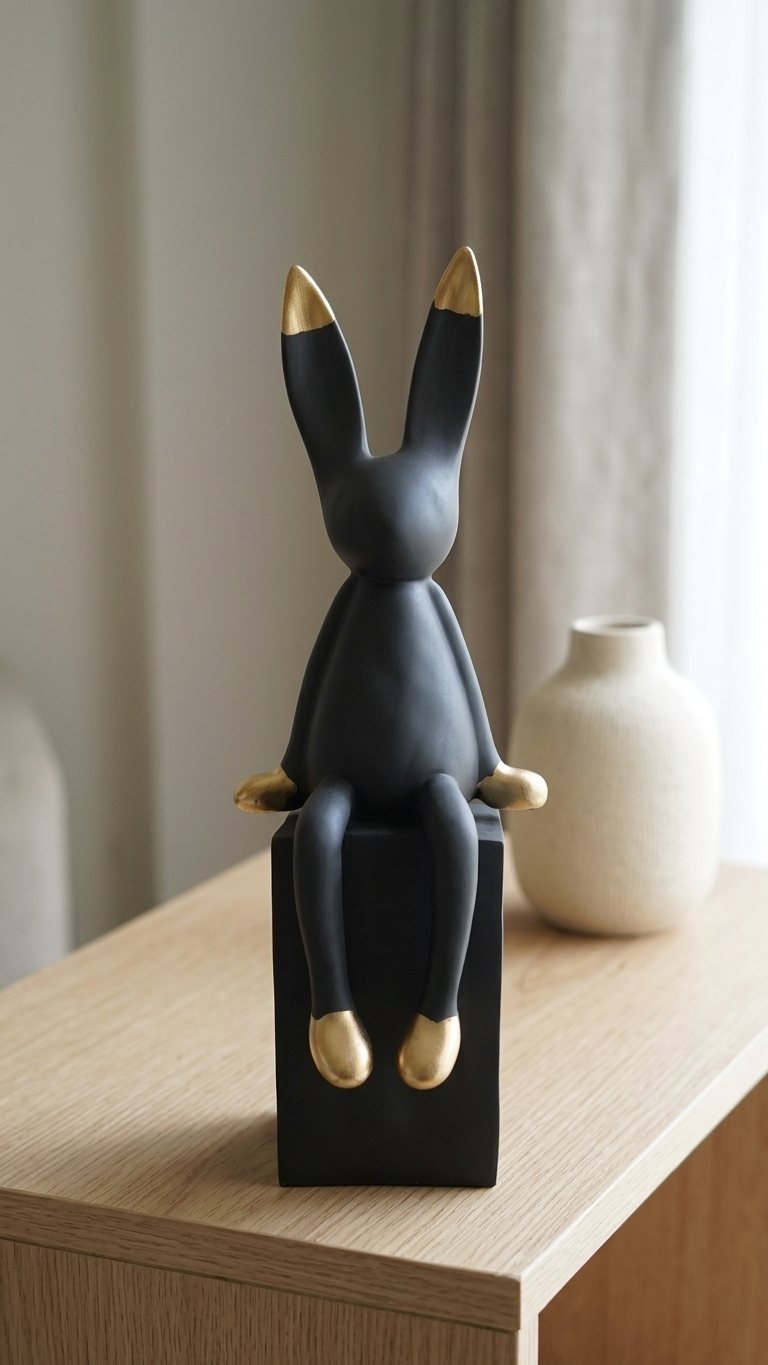 Black & Gold Handcrafted Sitting Rabbit Showpiece – Modern Decorative Sculpture for Home Décor