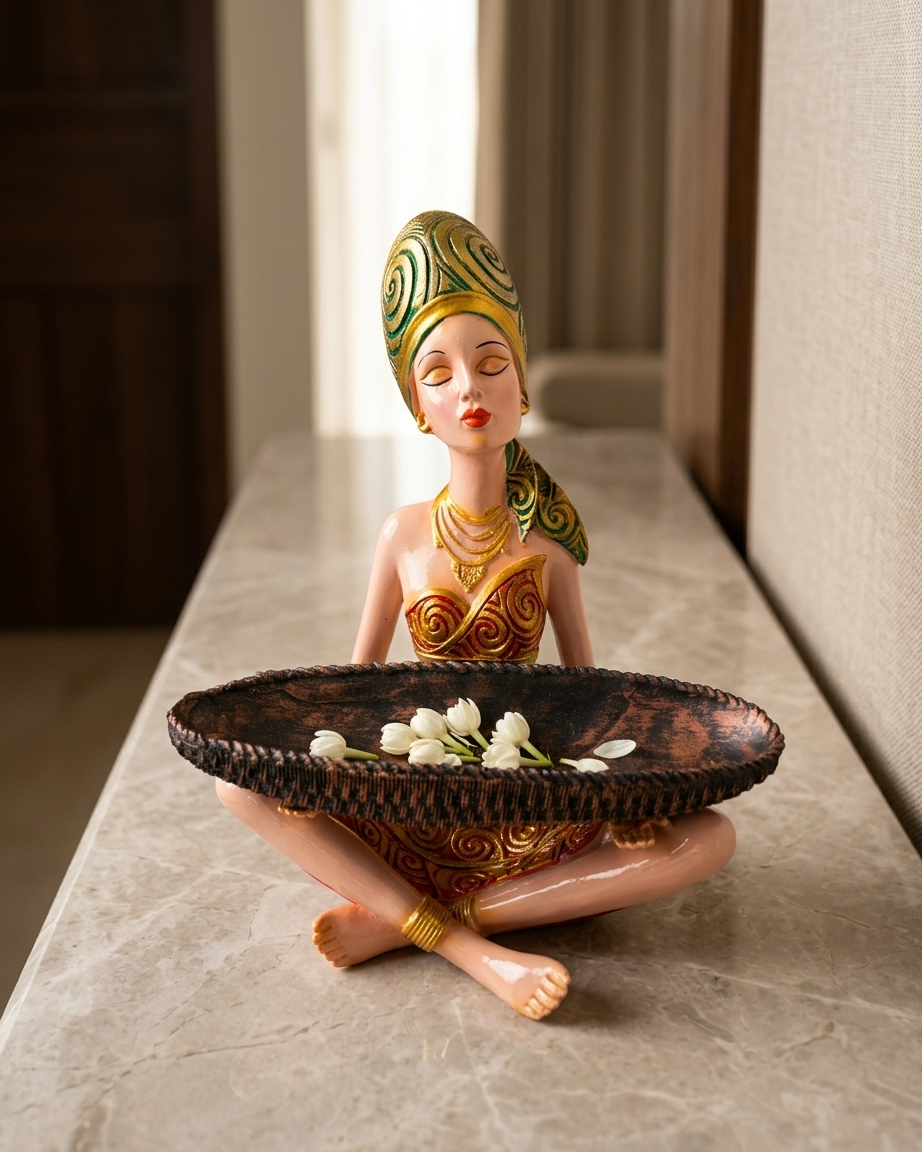 Handcrafted Tribal Lady Tray Holder Showpiece – Emerald Gold