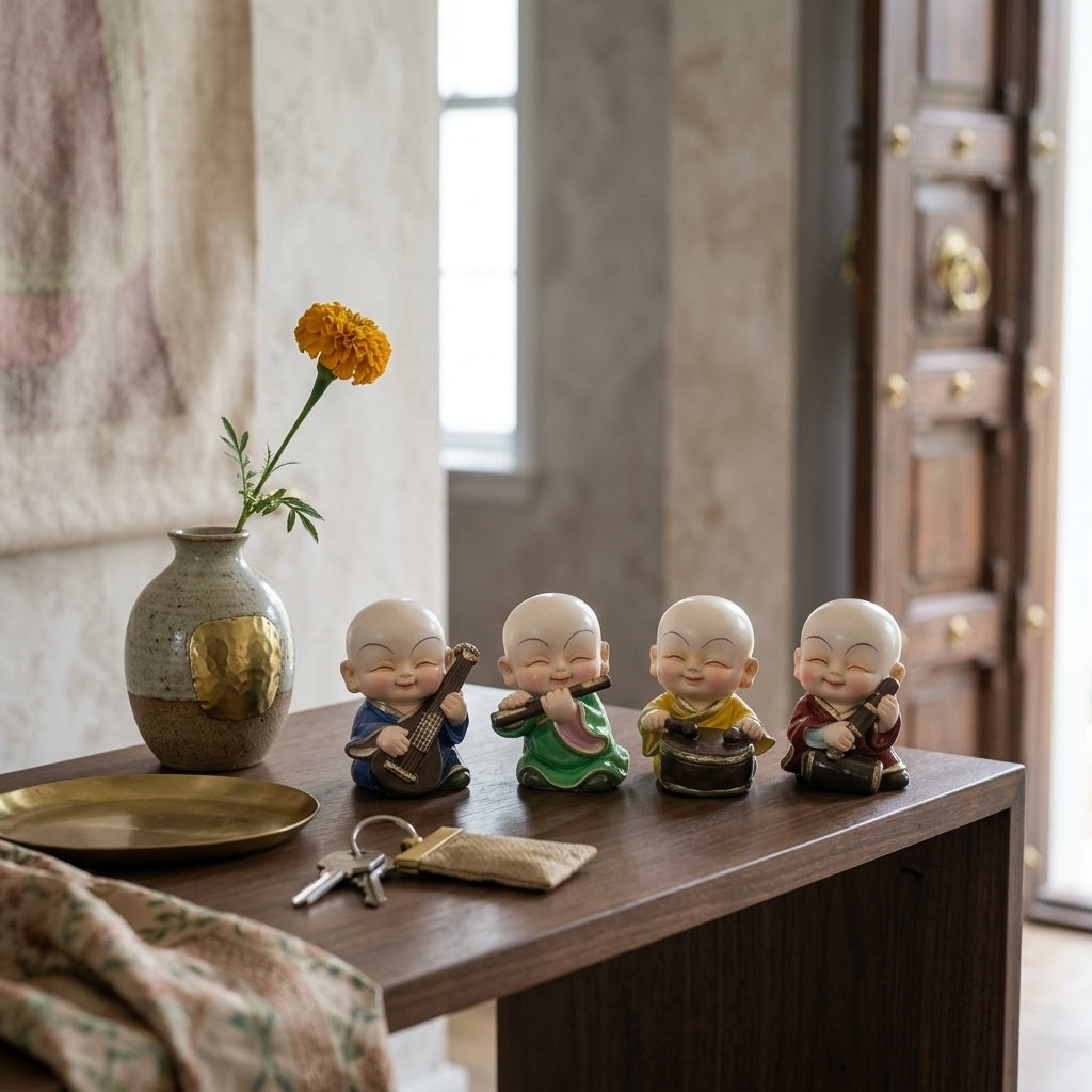 Smiling monk figurines set for home  & Office Decor – Buddhist Decorative Showpieces