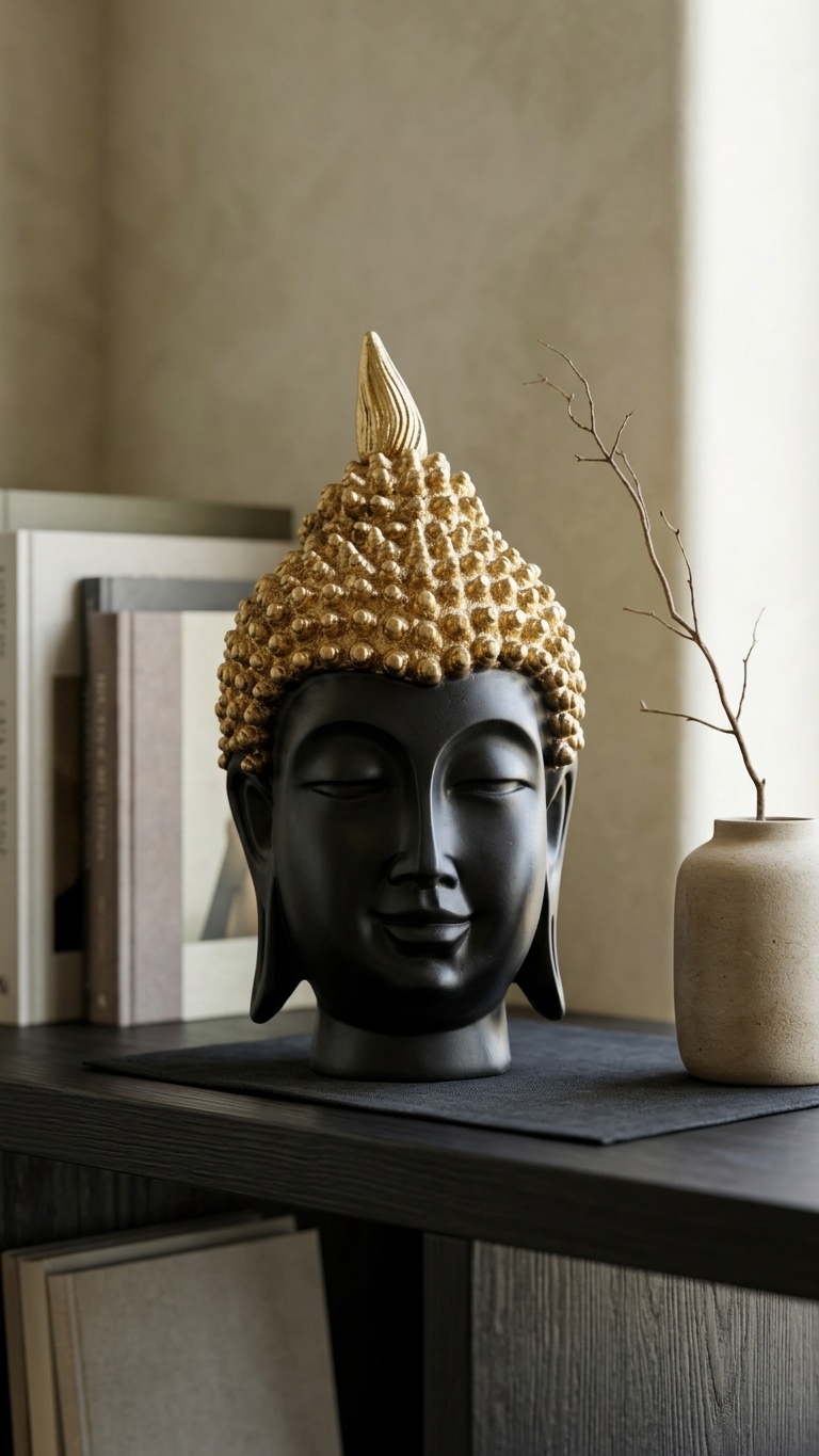 Handcrafted Black & Gold Buddha Head Showpiece – Premium Resin Meditation Sculpture for Home Decor