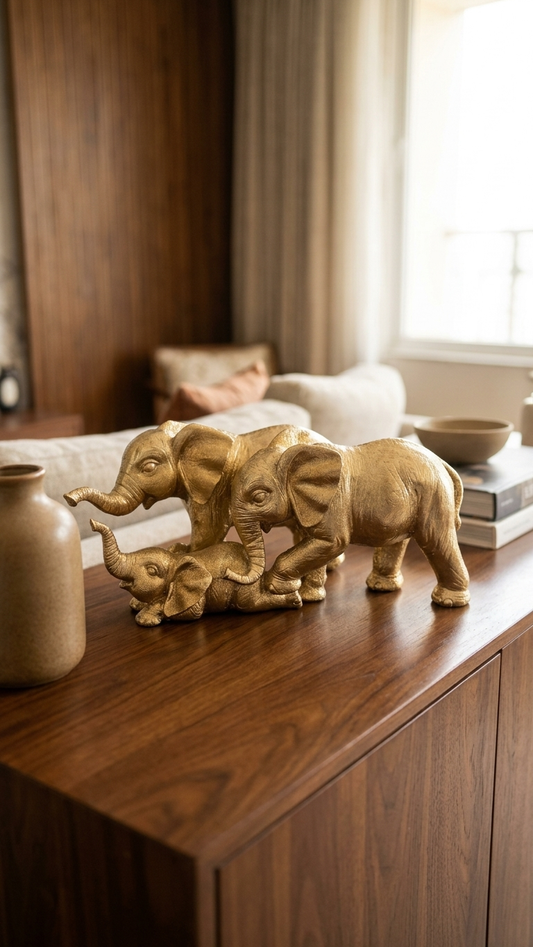 Handcrafted Golden Elephant Family Showpiece with Baby – Premium Resin Vastu Decor