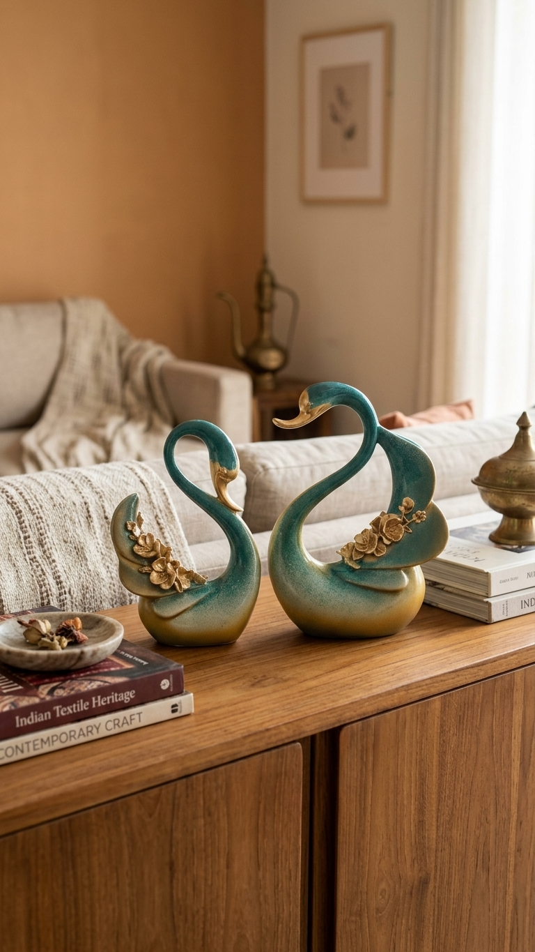 Handcrafted Teal Golden Swan Showpiece Set | Premium Resin Couple Sculpture