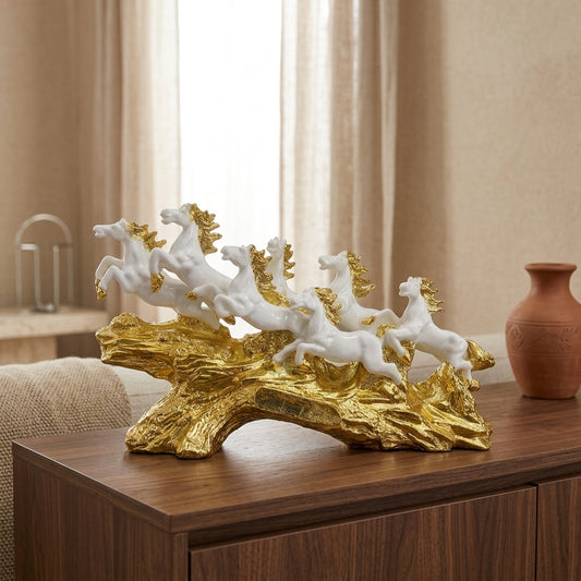 Handcrafted 7 Running Horses Marble Dust Vastu Showpiece