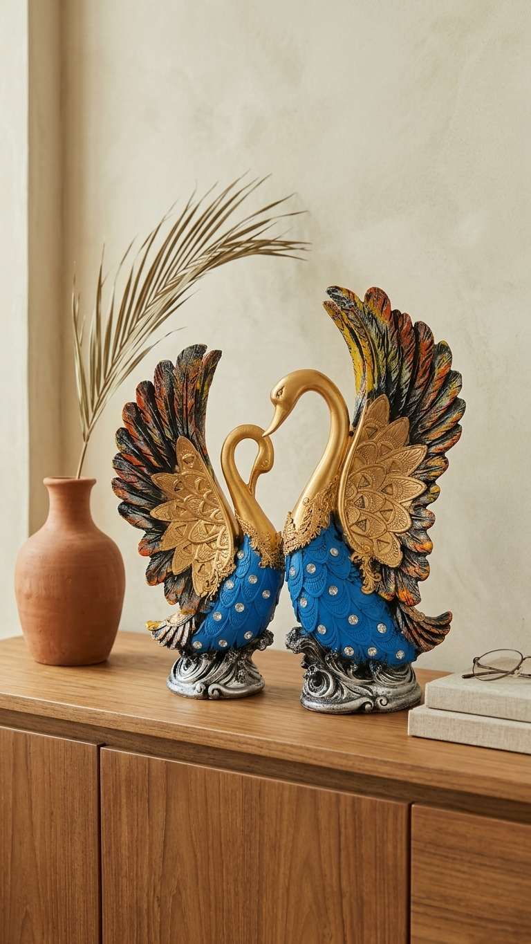 Handcrafted Royal Swan Couple Showpiece with Decorative Wings – Premium Home Decor Sculpture