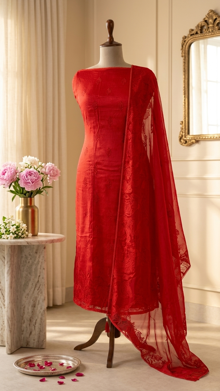 red embroidered unstitched suit set