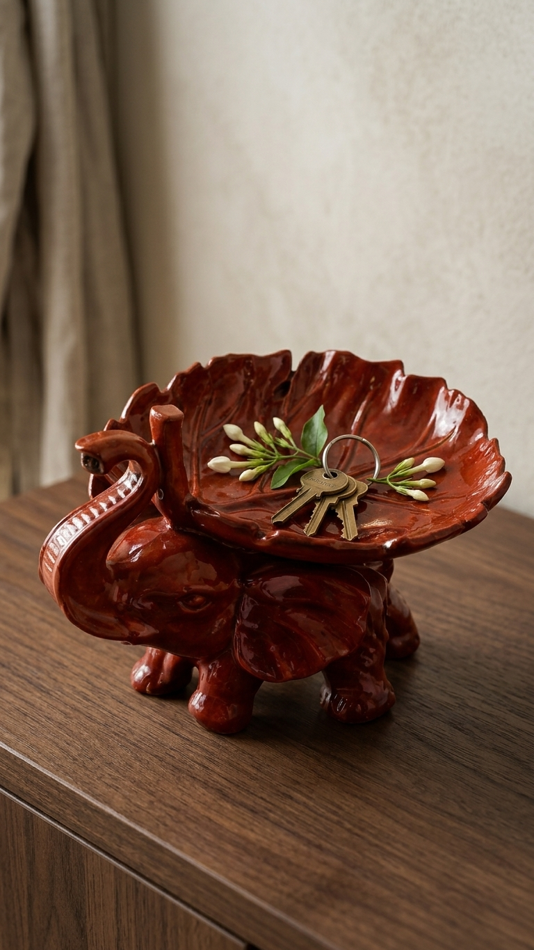 Handcrafted Elephant Leaf Bowl Showpiece – Red Glossy Ceramic Elephant