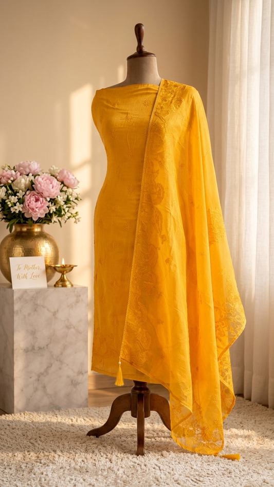 yellow embroidered unstitched suit set