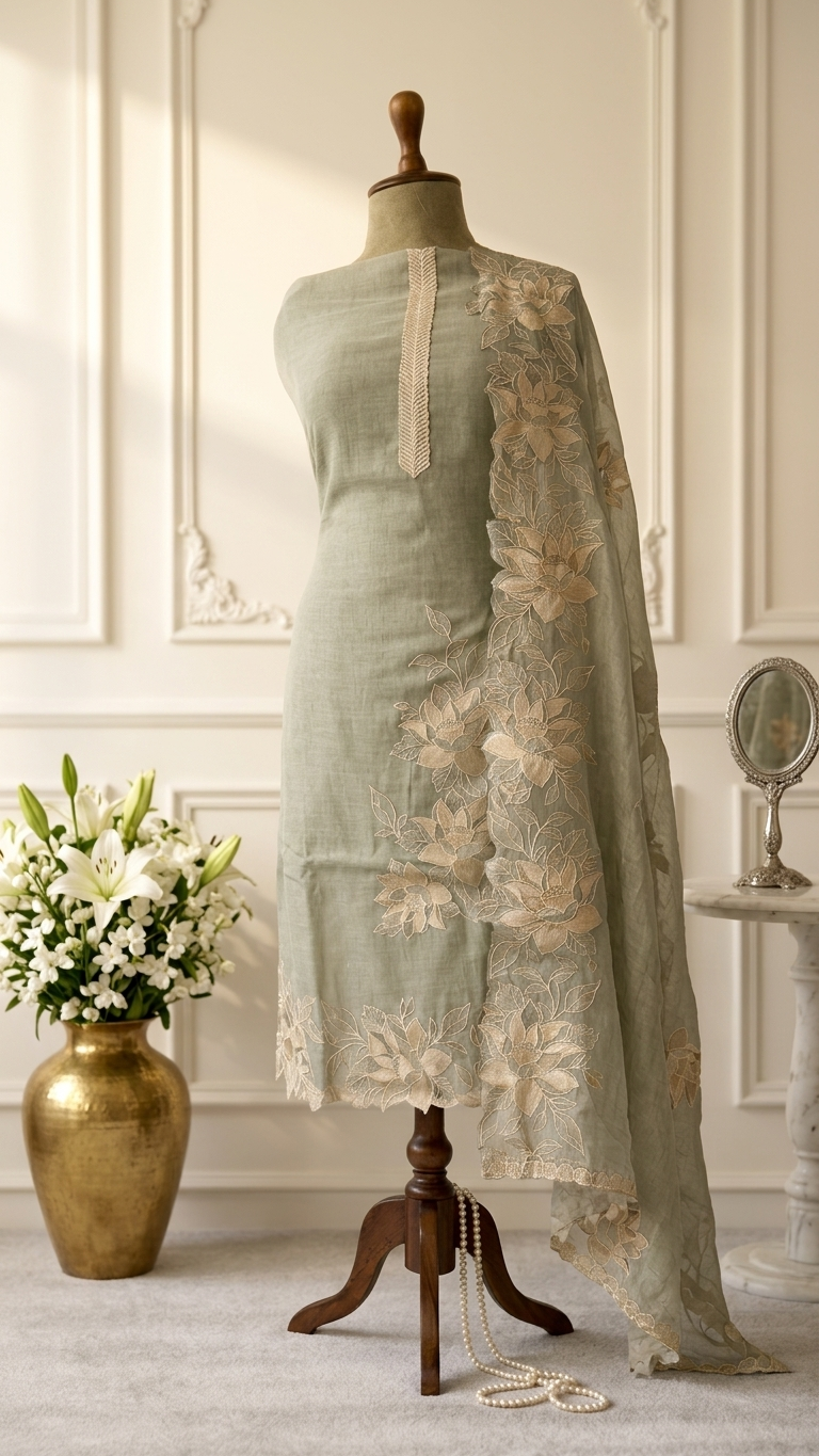 sage green embroidered kurta set