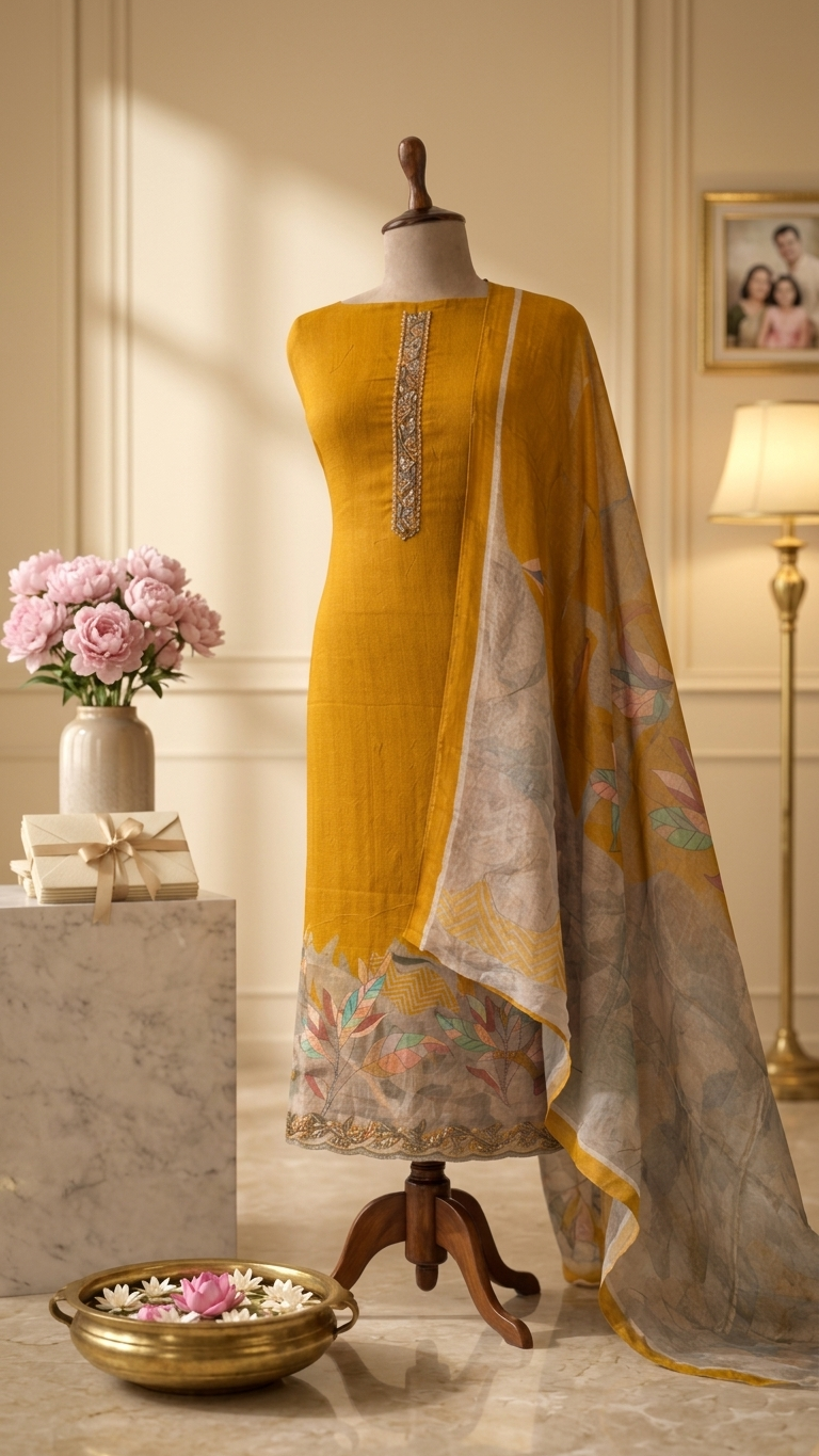 mustard yellow embroidered kurta set