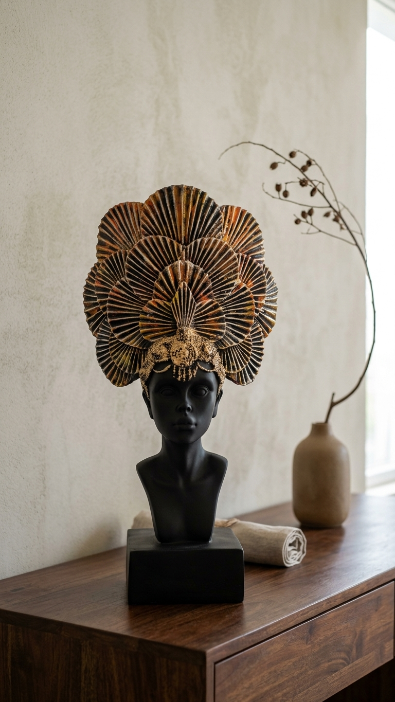 Handcrafted Tribal Lady Bust Sculpture with Decorative Fan Crown – Premium Resin Art Showpiece