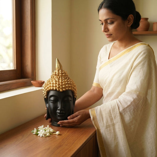 Handcrafted Black & Gold Buddha Head Showpiece – Premium Home Decor