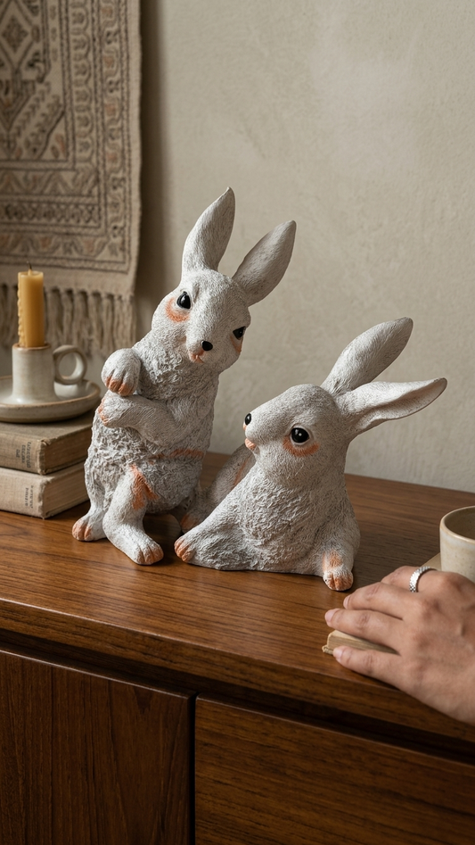Handcrafted Pair of White Rabbit Showpieces – Sitting Bunny Figurines