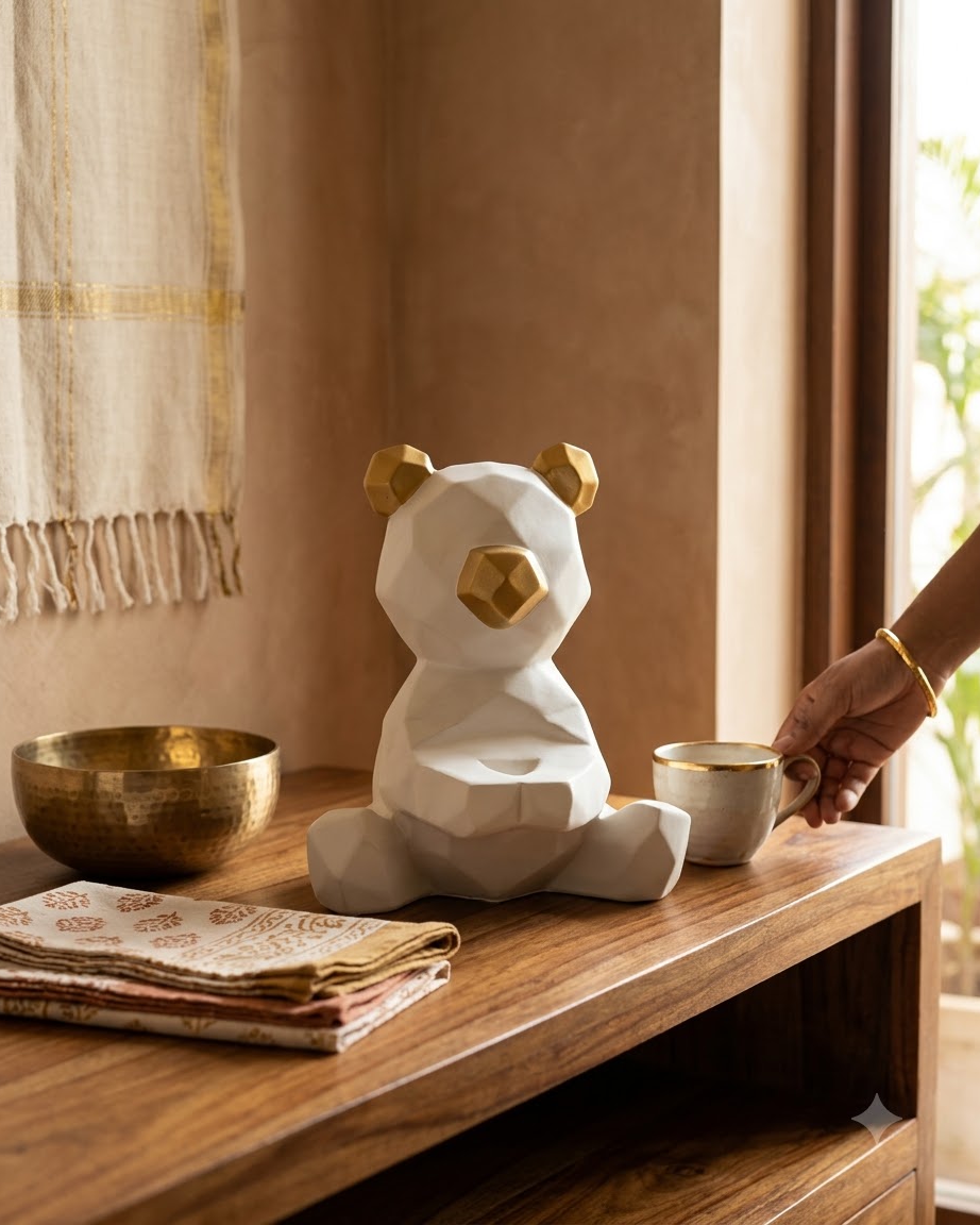 White Gold Bear Showpiece for Home Decor