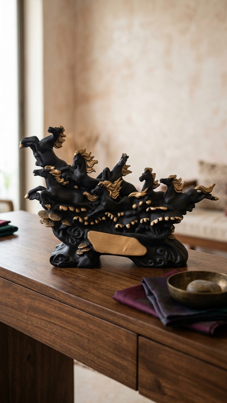 Handcrafted Seven Running Horses Showpiece – Premium Black & Gold Vastu Home Decor Sculpture