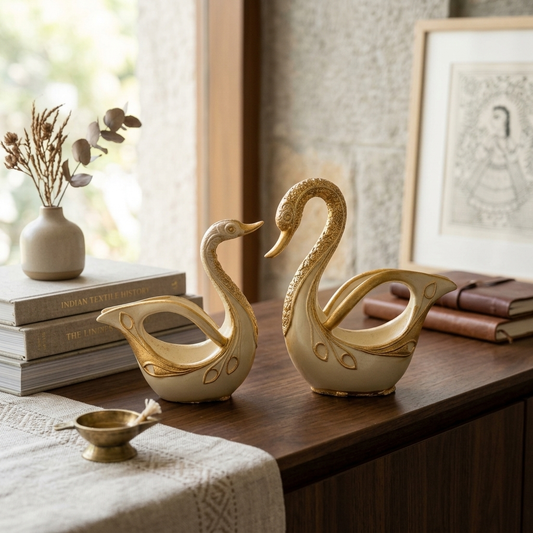 Handcrafted Ivory Gold Imperial Swan Pair