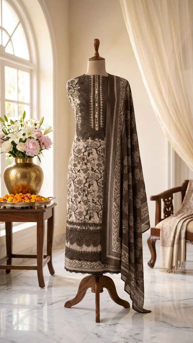 brown floral cotton suit set