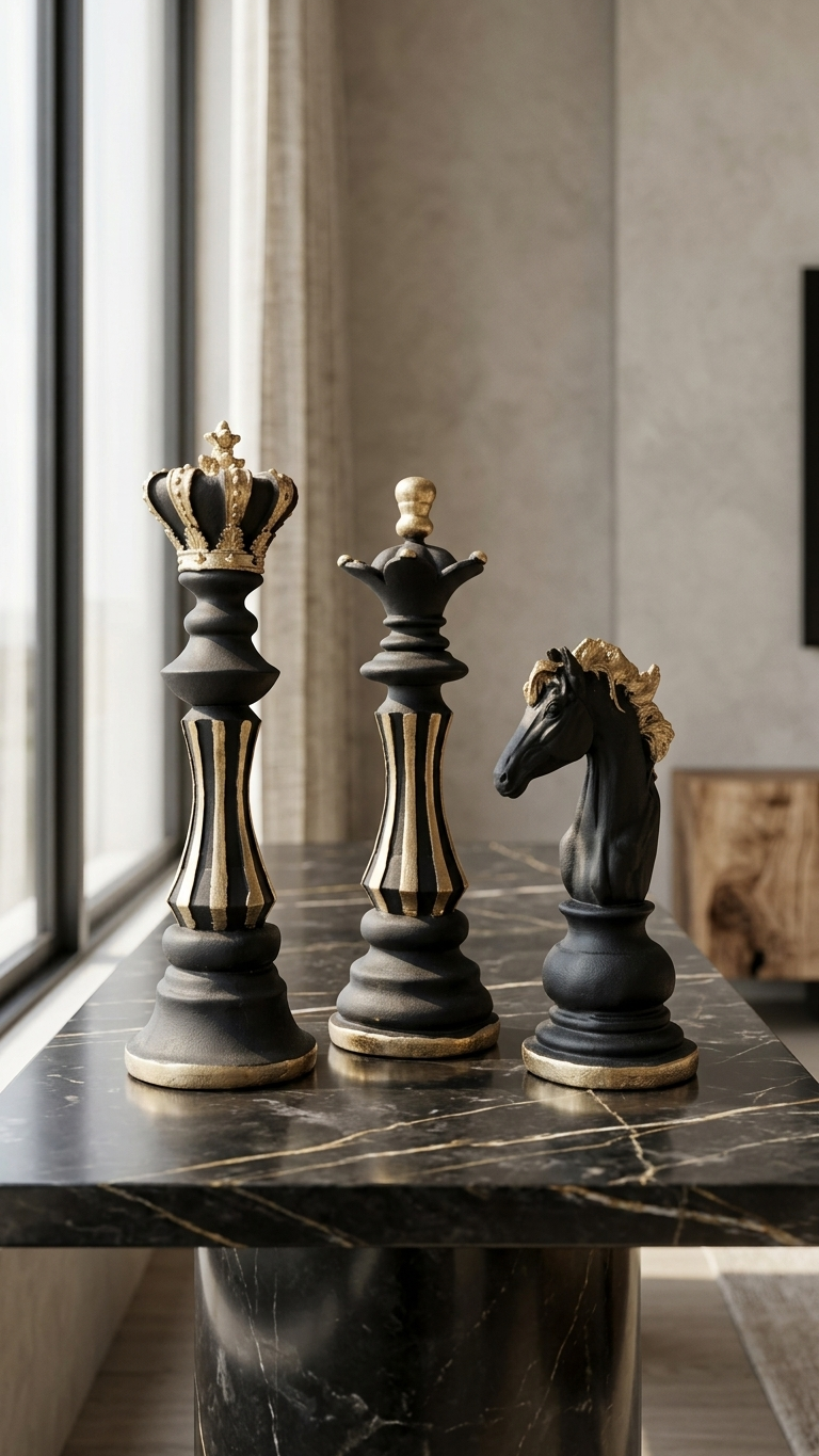 Handcrafted Chess Piece Sculpture Set – Premium King, Queen & Knight Decorative Showpiece