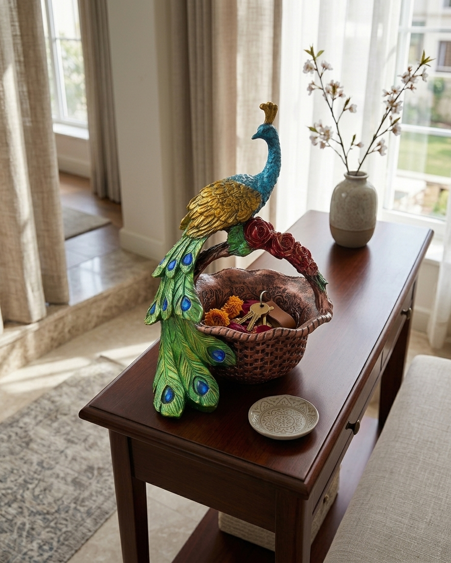 Handcrafted Royal Peacock Floral Basket Showpiece