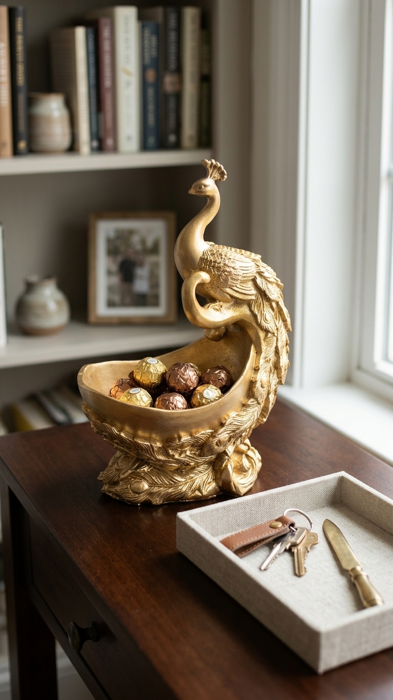 Handcrafted Brass Look Finish Peacock Bowl Showpiece Figurine