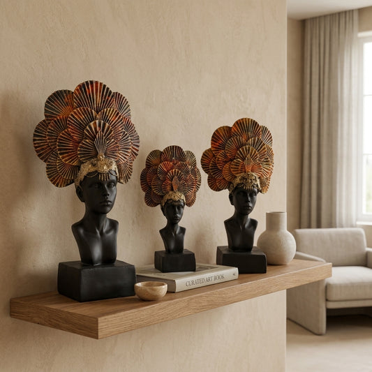 Handcrafted Tribal Lady Bust Sculpture with Crown – Set of 3 Pieces