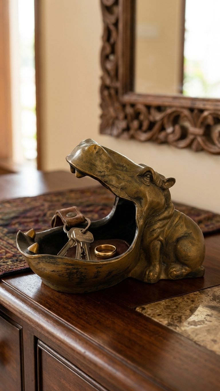 Handcrafted Hippo Decorative Bowl Showpiece – Antique Gold Resin Decor