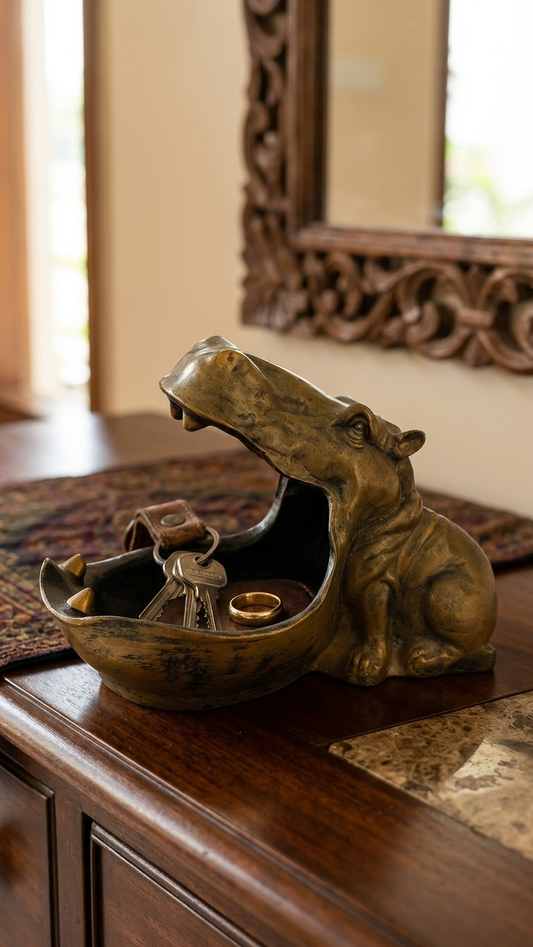 Handcrafted Hippo Decorative Bowl Showpiece – Antique Gold Resin Decor