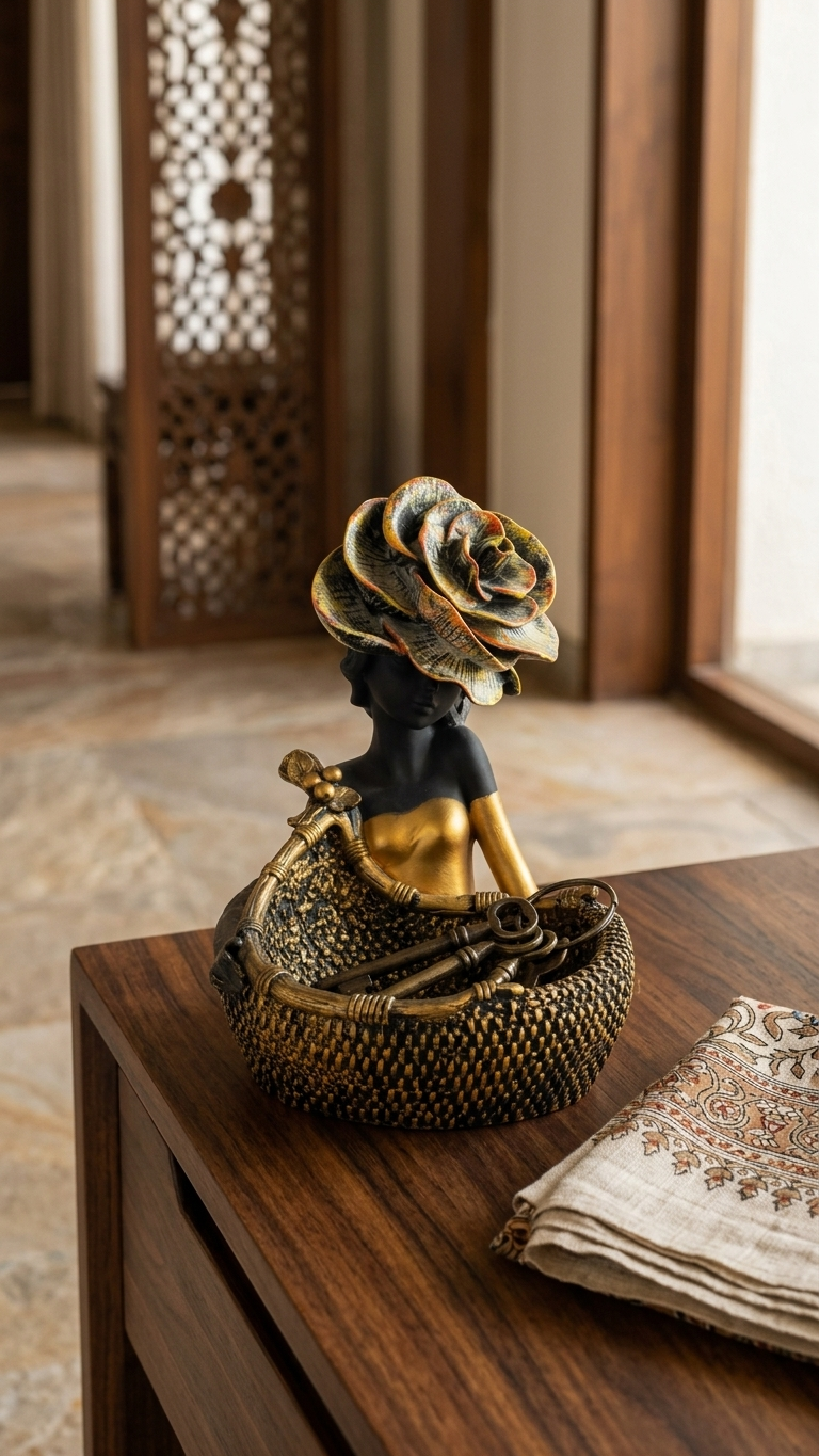 Handcrafted Lady Figurine Fruit Basket Showpiece with Hat