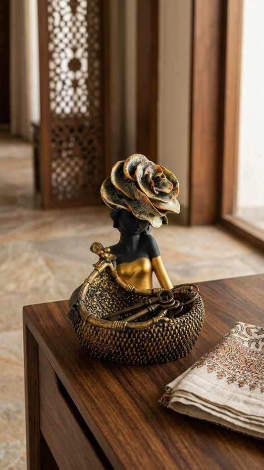 Handcrafted Lady Figurine Fruit Basket Showpiece with Hat