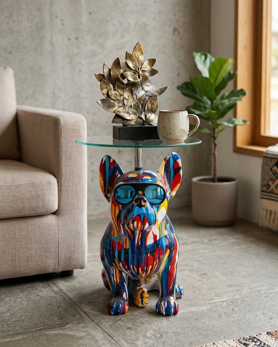 Handcrafted Pop Art French Bulldog Side Table with Glass Top – Modern Luxury Accent Table