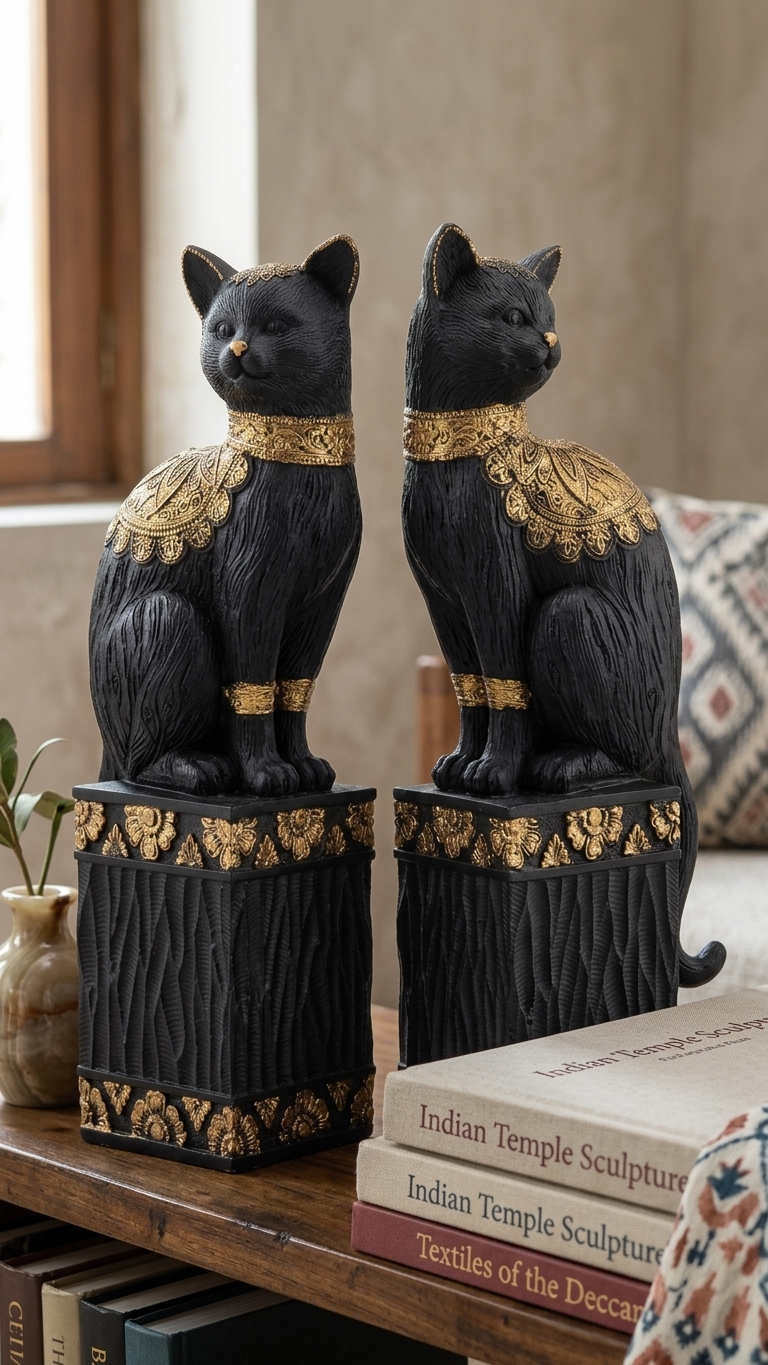 Handcrafted Black Cat Showpiece Set – Decorative Resin Sculpture (Set of 2)