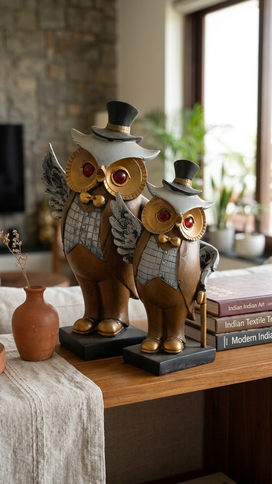 Handcrafted Gentleman Owl Showpiece Pair – Victorian Owl Couple