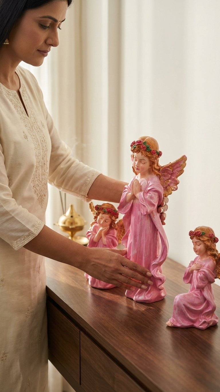 Pink Angel Blessings Showpiece Set of 3 – Premium Decorative Figurines for Home, Prayer Corner & Gifting