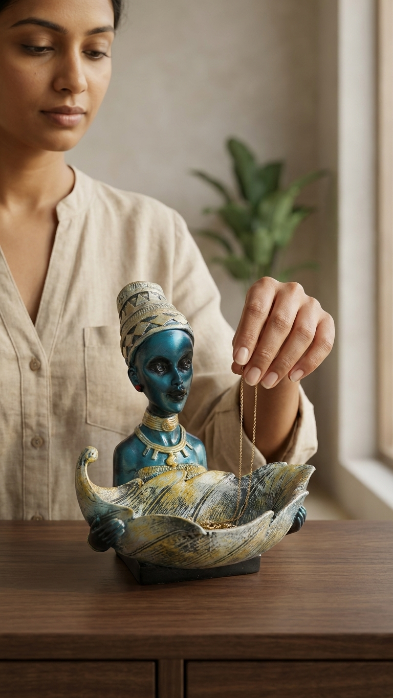 Handcrafted Lady with3 Pieces Leaf Bowl Showpiece Woman Figurine