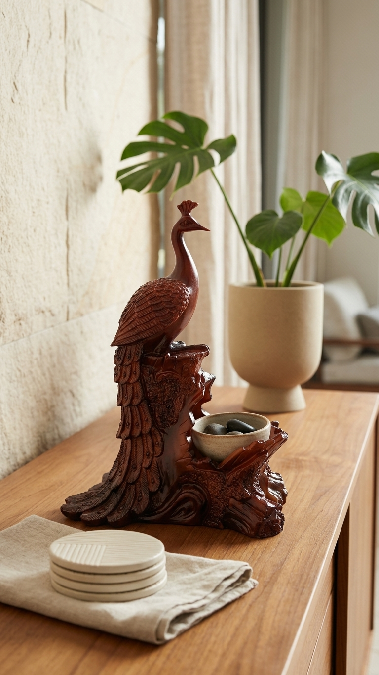 Handcrafted Resin Peacock Holder with Wood Finish – Elegant Decorative Organizer