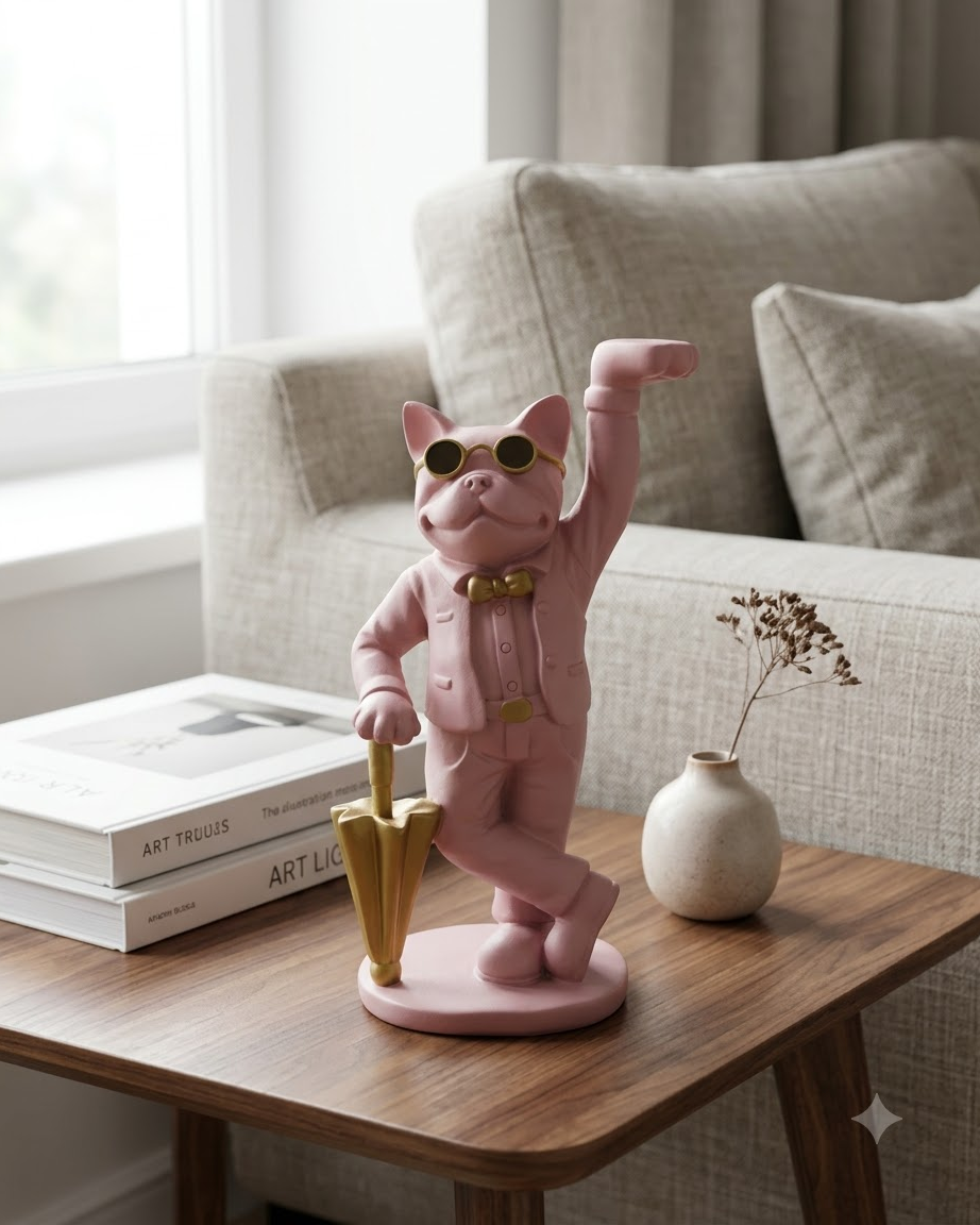 Pink Cat Showpiece with Umbrella for Home Decor