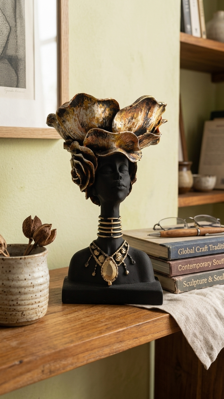 Handcrafted African Lady Head Sculpture Decor with Crown
