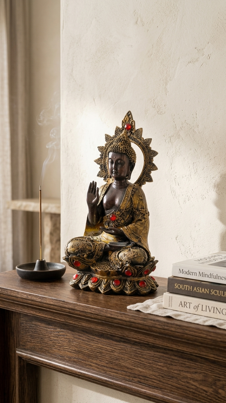Handcrafted Buddha Idol with Red Stone – Gold Finish Meditation Statue