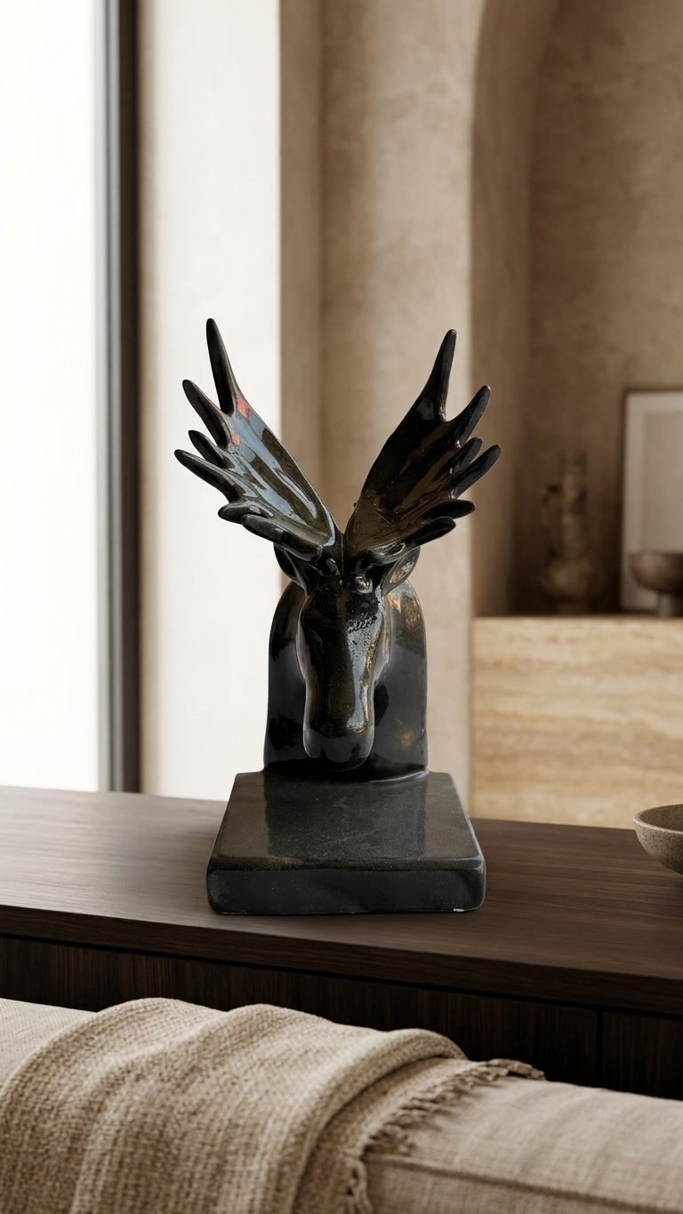handcrafted black deer head sculpture