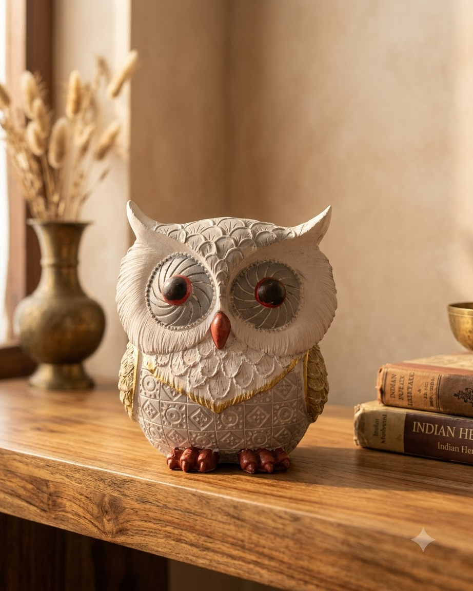 White Gold Owl Showpiece for Home Decor