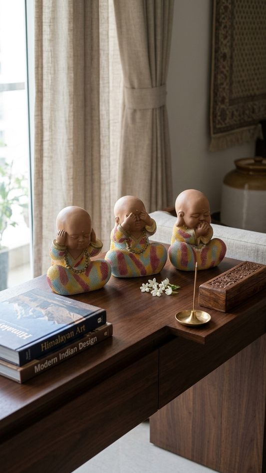 Colorful Three Wise Monk Showpiece Set – Handcrafted “See No Evil, Hear No Evil, Speak No Evil” Figurines