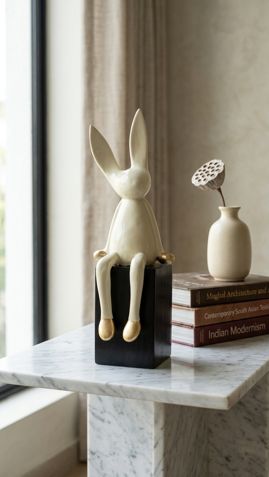 Handcrafted White Sitting Rabbit Showpiece with Golden Hanging Legs – Premium Modern Home Decor