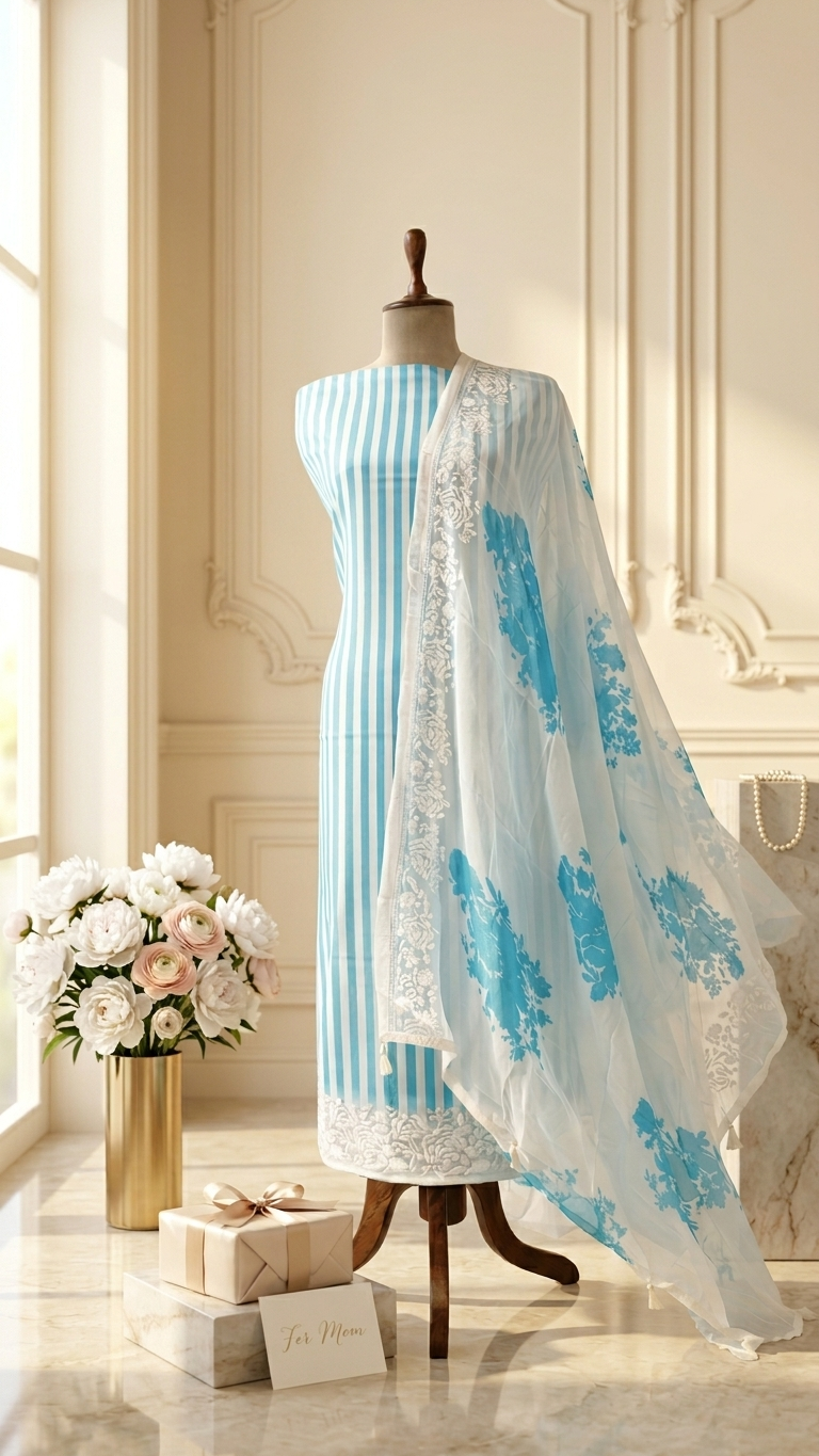 Blue striped designer suit Set with Floral Dupatta – Summer Wear