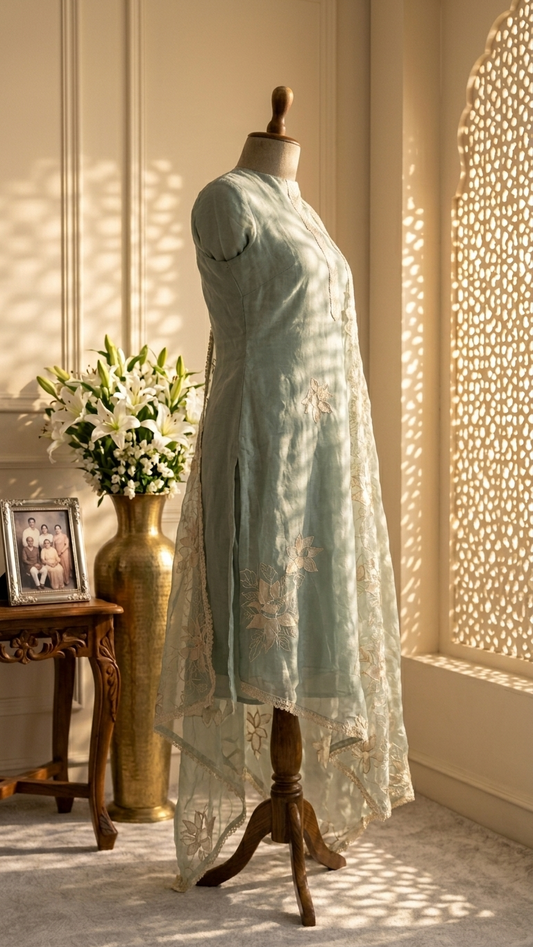 sage green embroidered kurta set