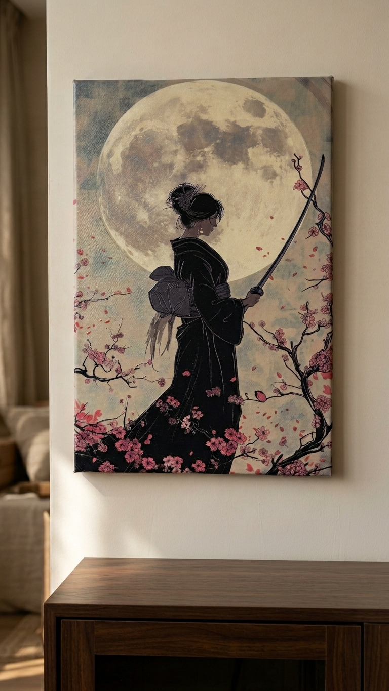 Japanese Samurai Moon Canvas Wall Art