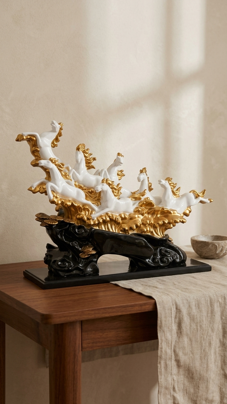 Handcrafted Running Horse Sculpture Showpiece in White & Gold with Decorative Base