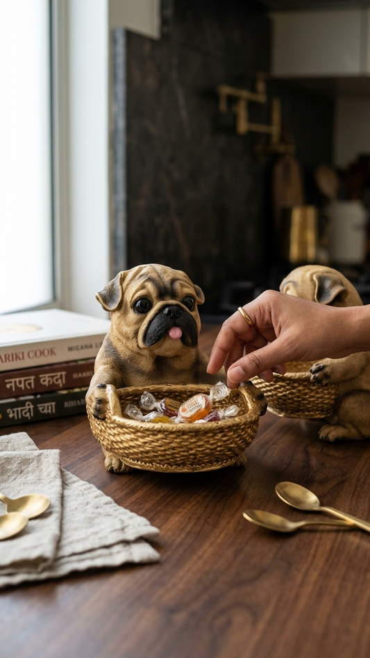 Pug dog showpiece with tray for home decor India – Decorative Animal Figurine Storage Tray for Home Table Decor