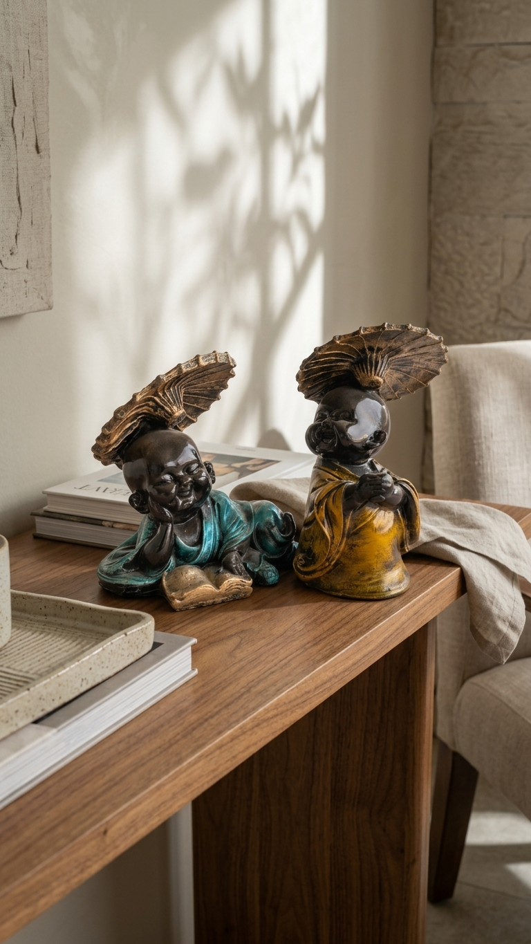 Handcrafted Monk Statue Set with Umbrella -For Home Decor & Gifting