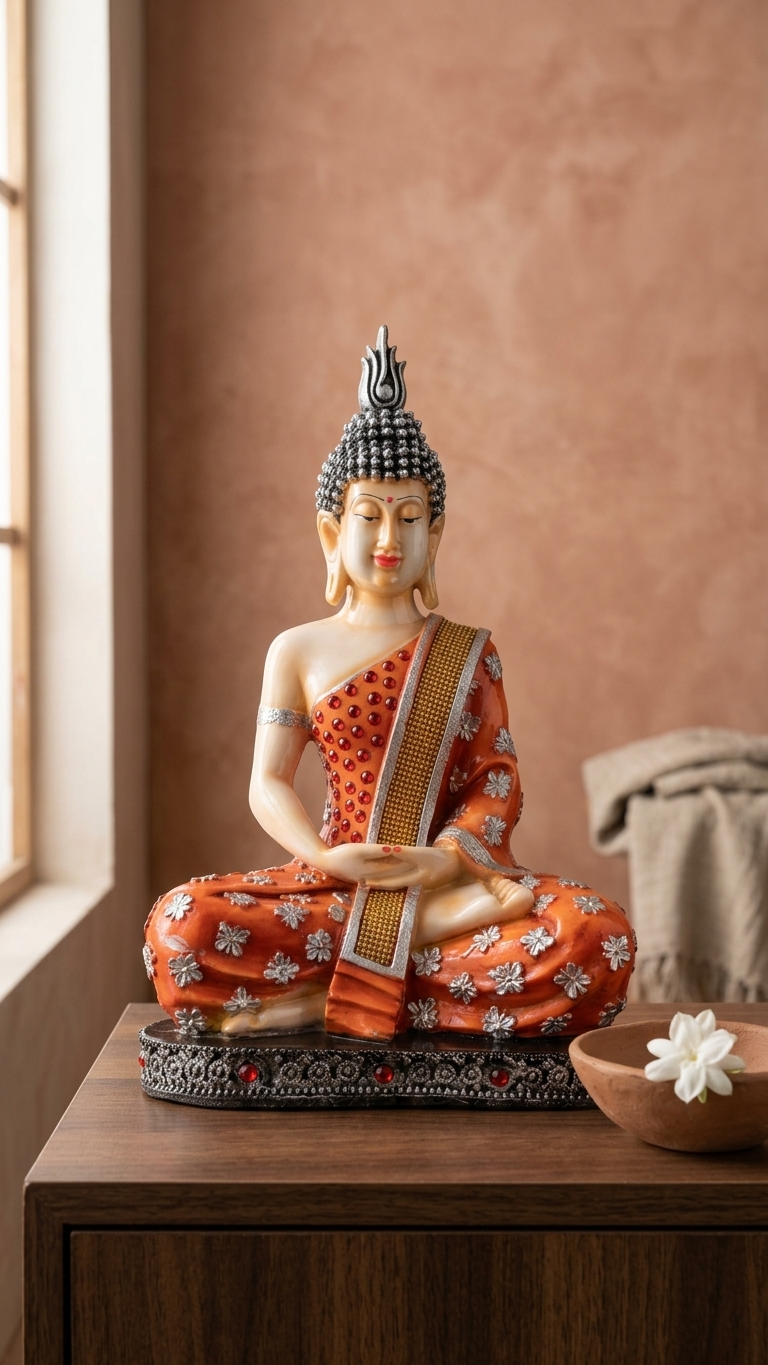 Handcrafted Orange Meditating Buddha Idol with Silver Floral Robe | Premium Resin Showpiece for Home Decor & Meditation