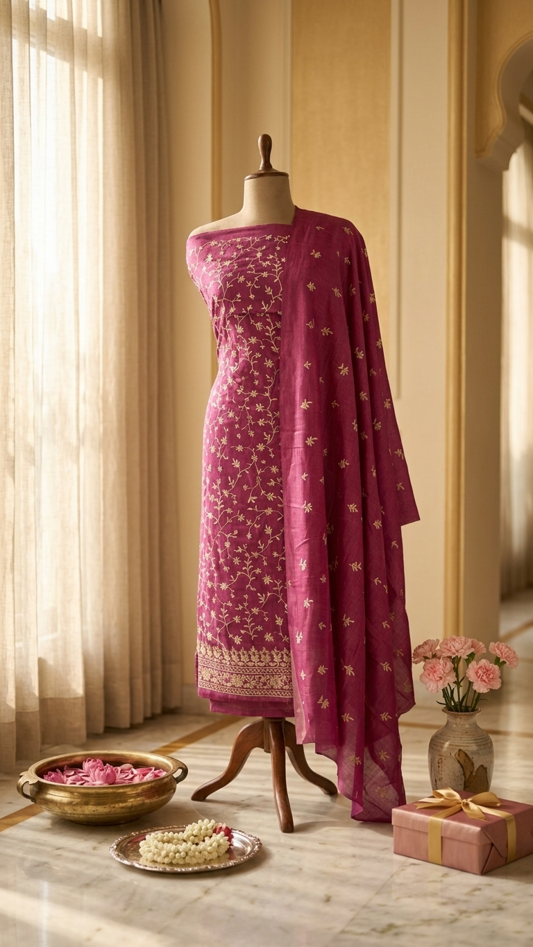 elegant magenta embroidered suit set